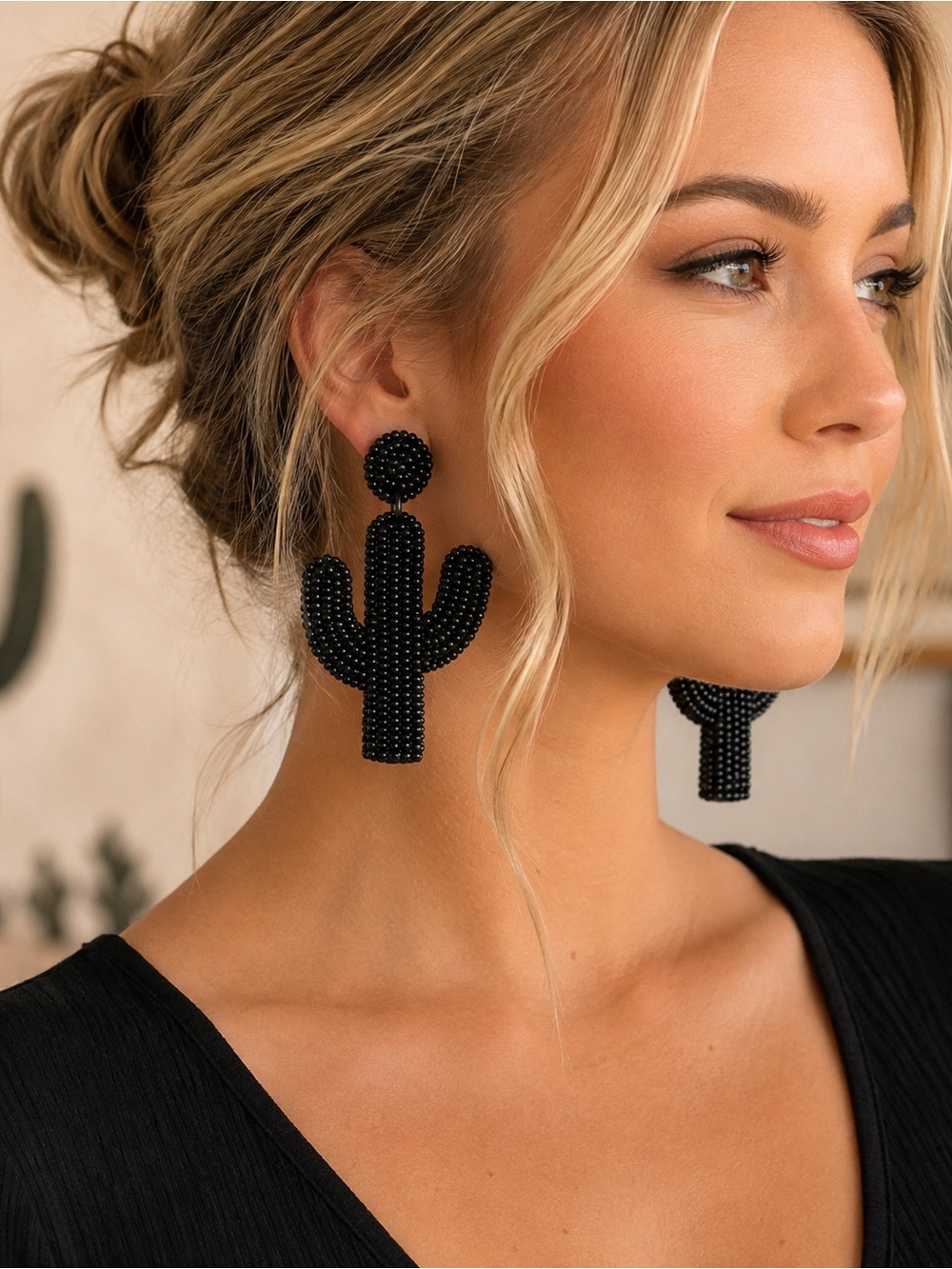 Chunky Black Beaded Desert Cactus Earrings‎